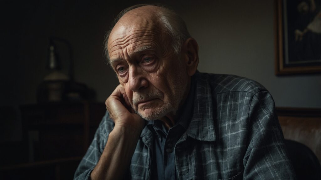 Senior man with a somber expression rests his head on his hand in a dimly lit room