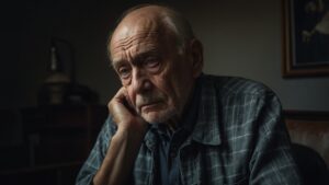 Senior man with a somber expression rests his head on his hand in a dimly lit room