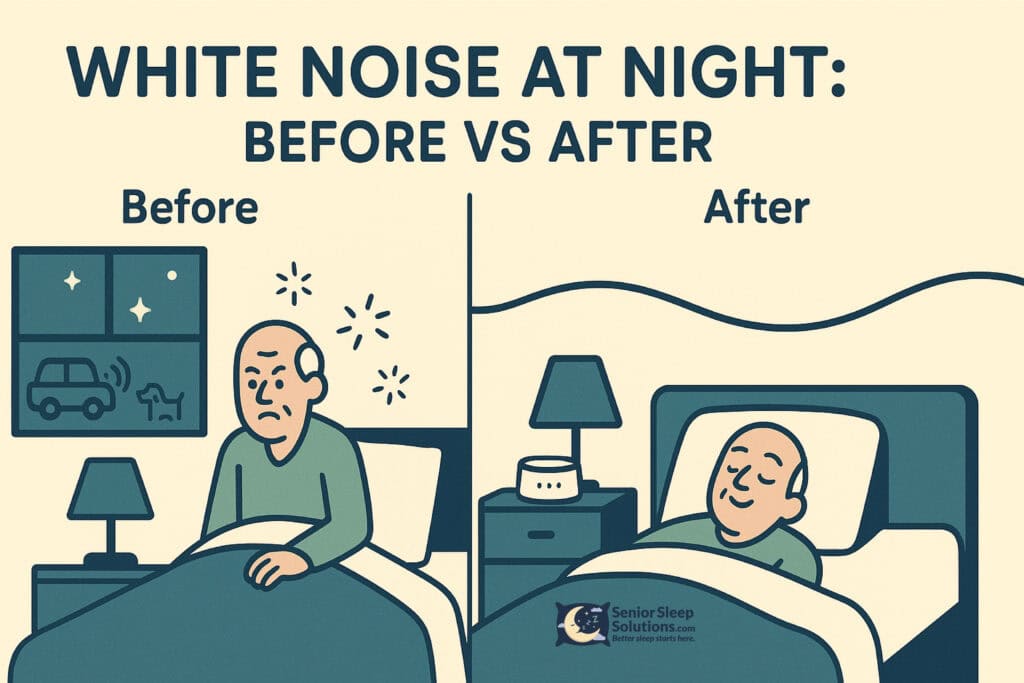 Infographic showing the benefits of white noise machines for senior sleep.