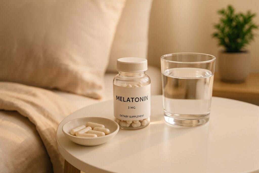 A small table beside a bed with a bottle of melatonin supplements, a glass of water, and a dish of capsules. Soft bedding and a potted plant are visible in the background.