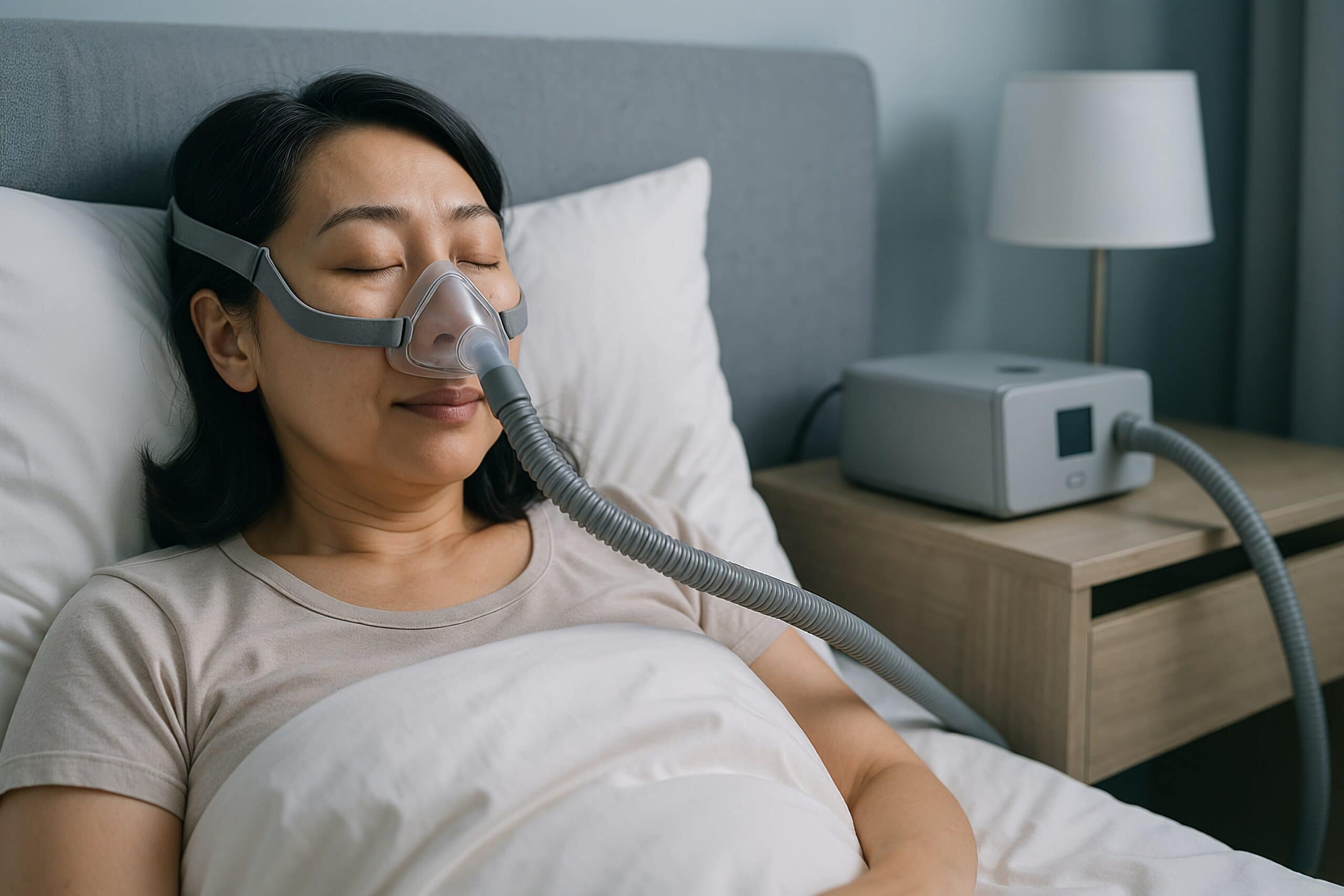 Woman using a CPAP machine while sleeping peacefully in a modern bedroom.