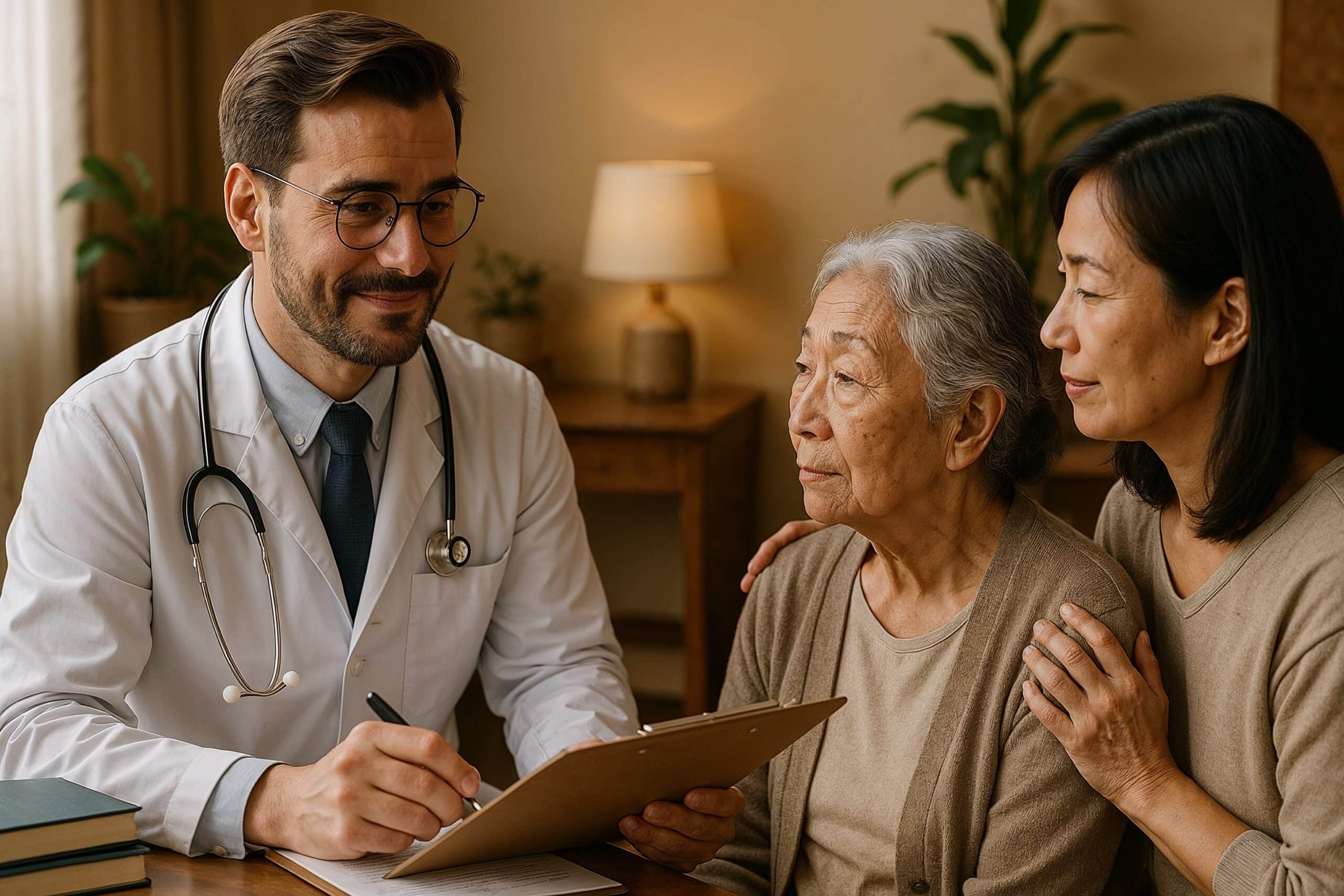Doctor speaking compassionately with an older adult and caregiver in a warm, welcoming office.