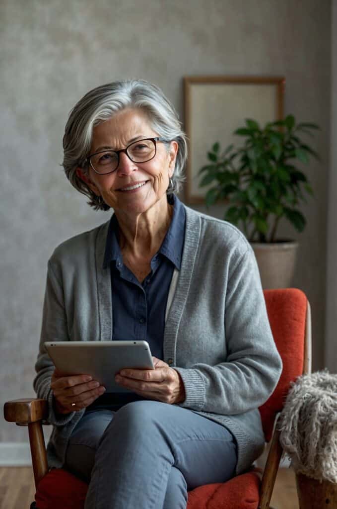 June Emerson edits her blog on her tablet.