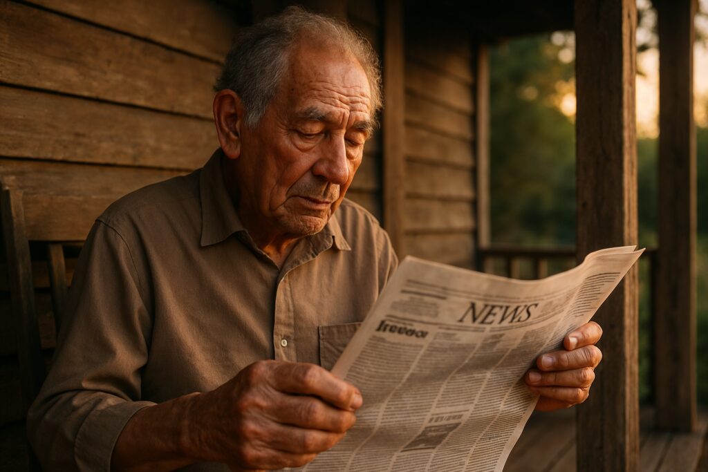 Older man reading a newspaper outdoors on a wooden porch in the early morning
