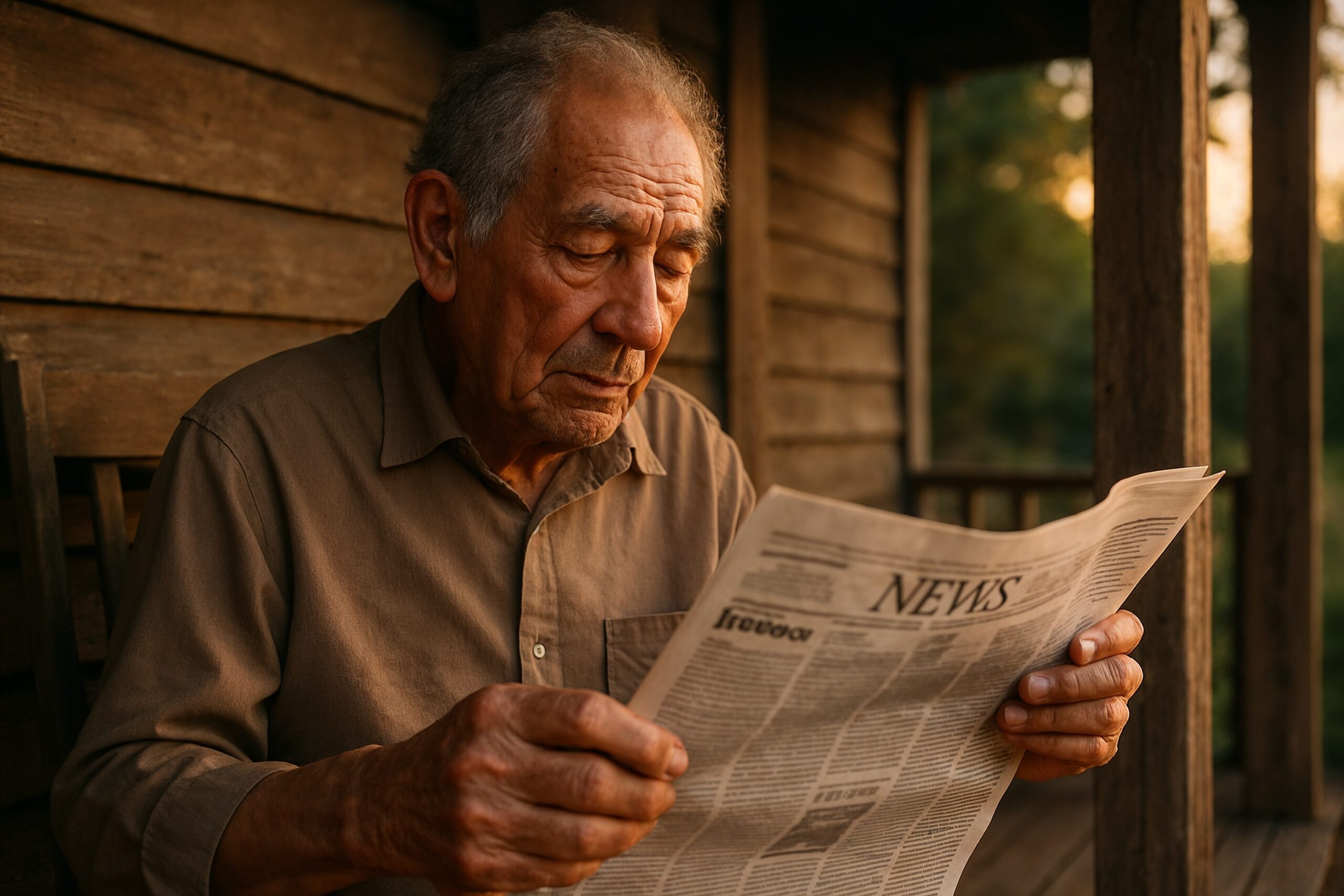 Older man reading a newspaper outdoors on a wooden porch in the early morning