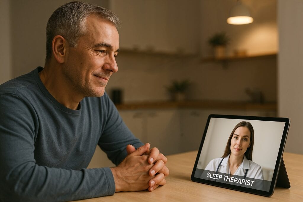 Older man speaking with a female sleep therapist during a video call on a tablet