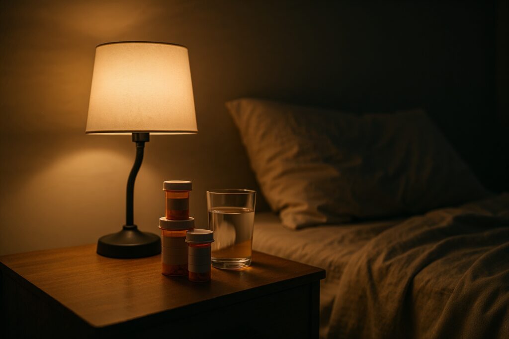 Bedside table with prescription pill bottles and a glass of water under a warm lamp, bed in the background.