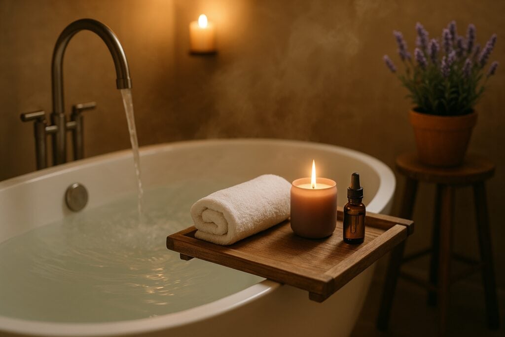 Warm bathtub with running water, lavender plant, candle, towel, and essential oil bottle.