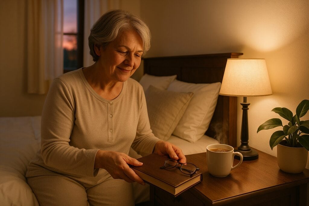 Older woman finishing her calming bedtime routine for seniors, placing a book and glasses on the nightstand beside a warm lamp and cup of tea.