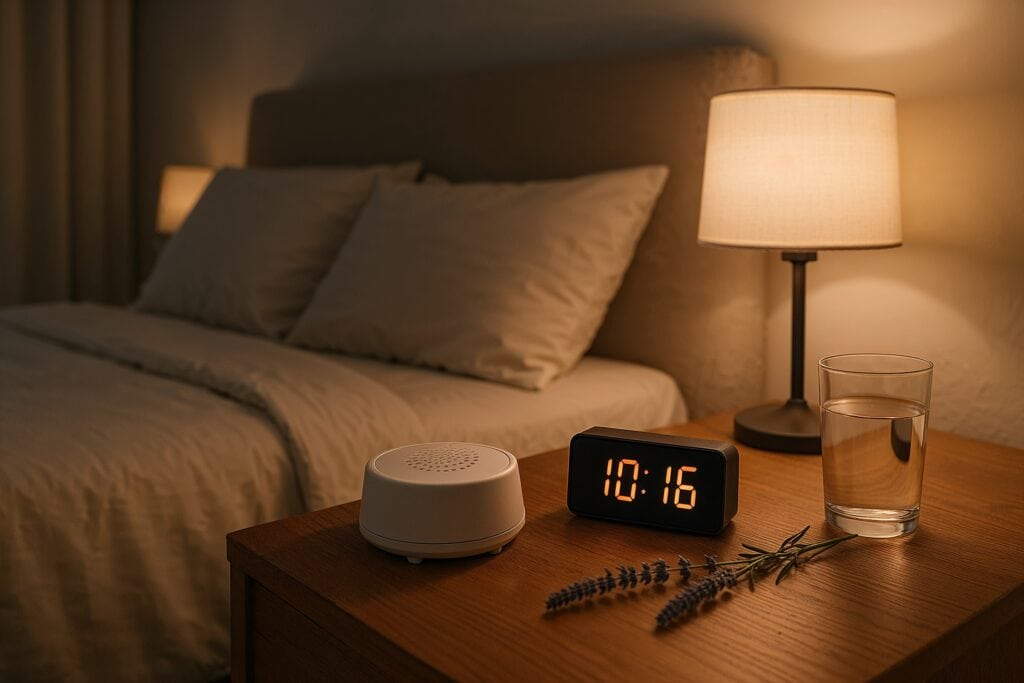 Nightstand with white noise machine, clock, lavender sprigs, and water beside a cozy bed.