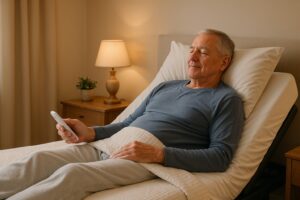 Older man relaxing in an adjustable bed with a remote control in hand, ready for sleep.