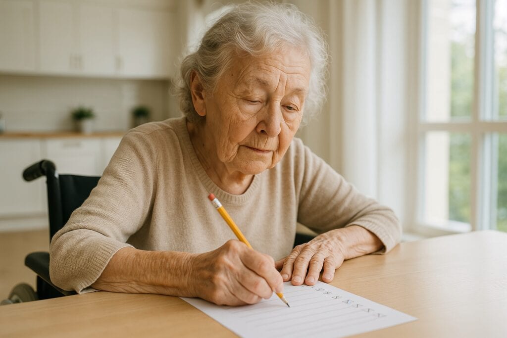 Senior woman reviewing a sleep hygiene checklist at the kitchen table in natural light