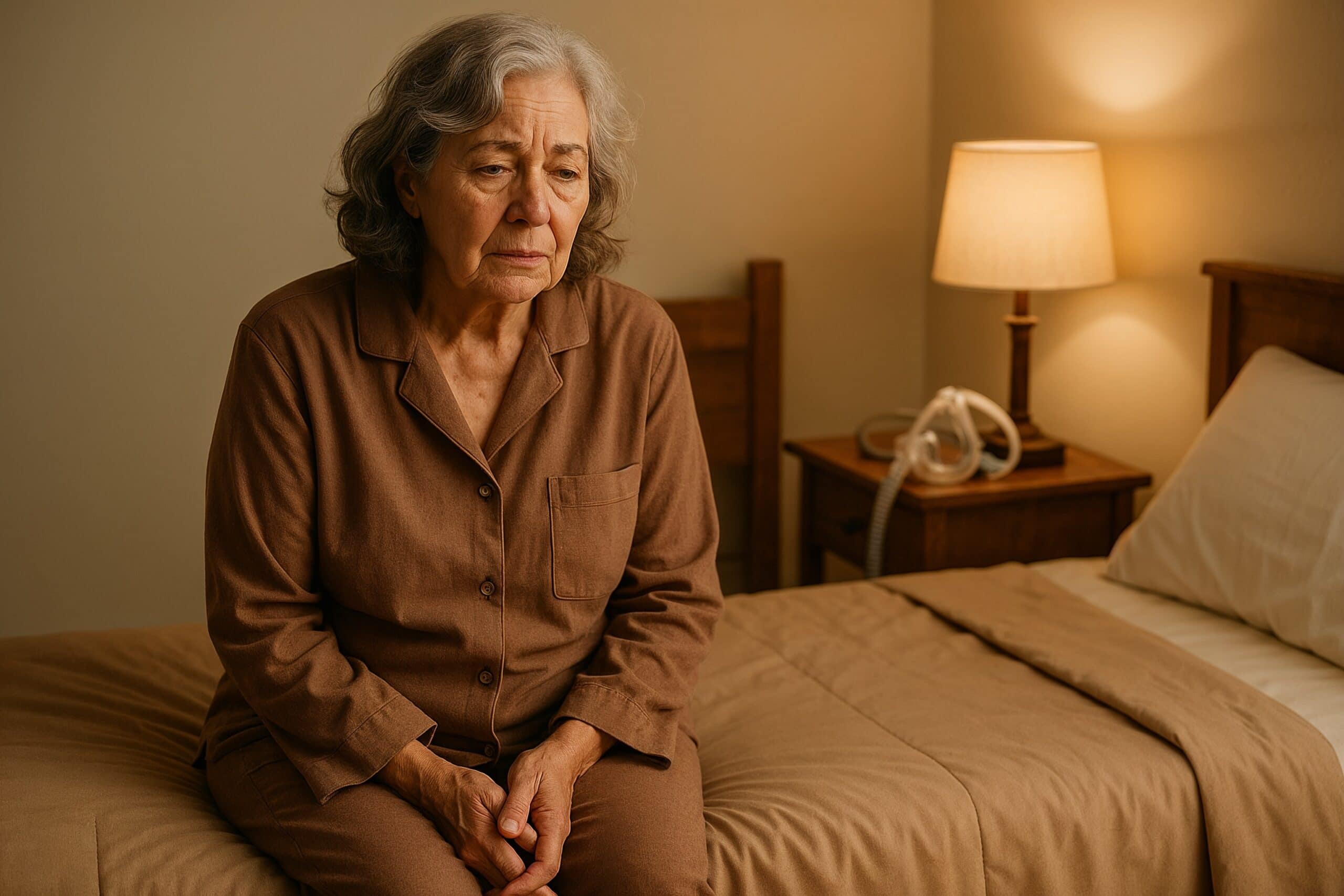 Older woman sitting on bed in pajamas, looking tired and contemplative with CPAP equipment nearby