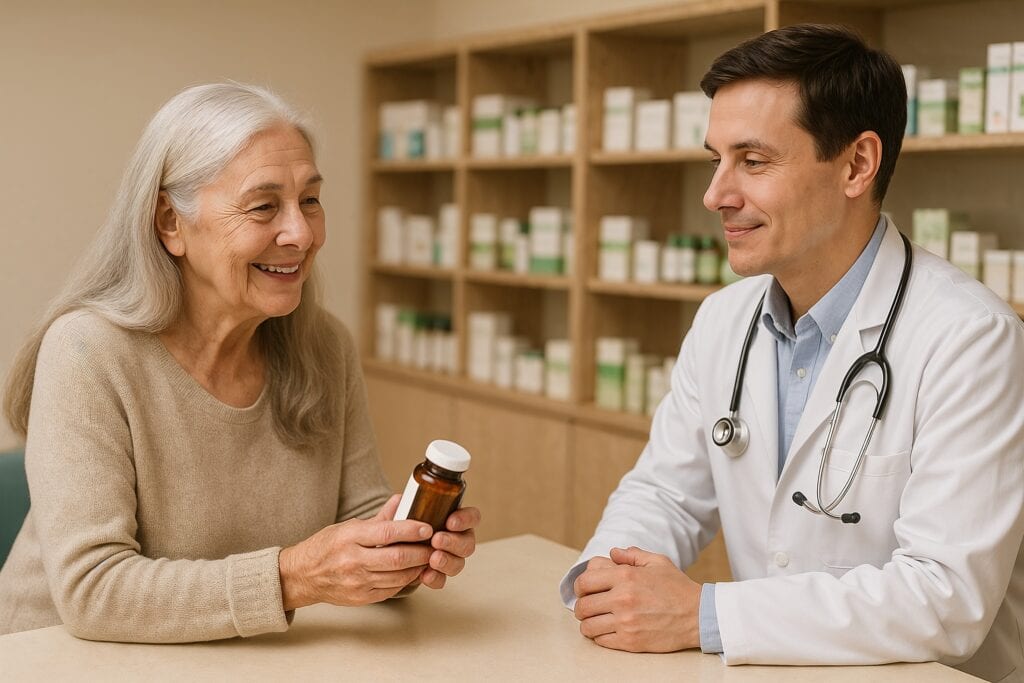 Senior woman with silver hair consults a smiling doctor about supplement options, holding a pill bottle in a well-lit pharmacy or clinic setting.