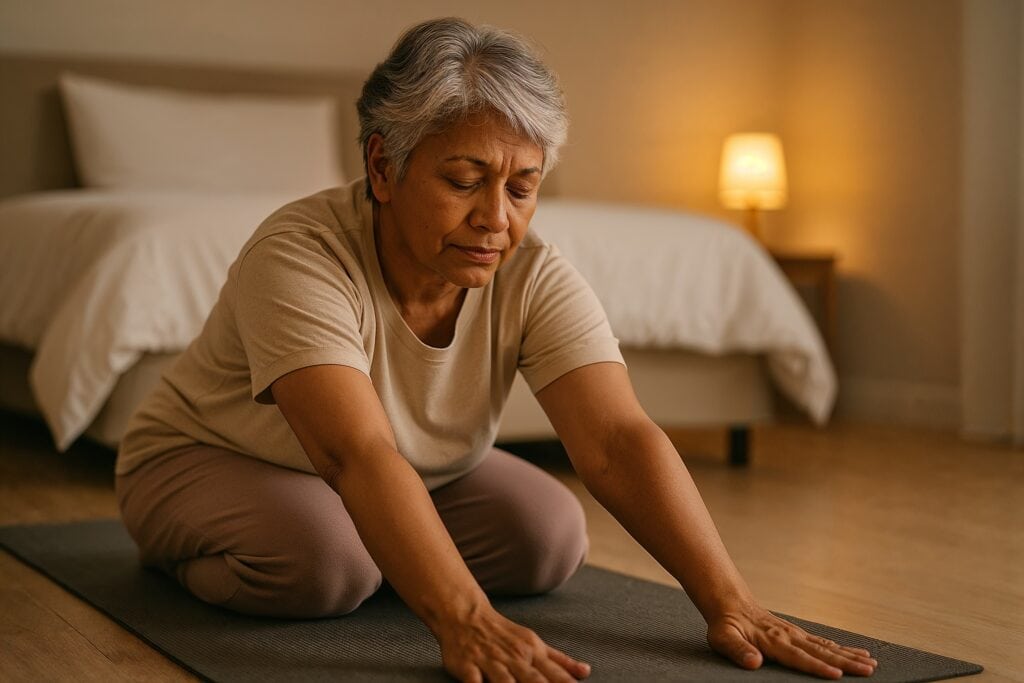 Older woman stretching on a yoga mat in a softly lit bedroom during her evening routine.8