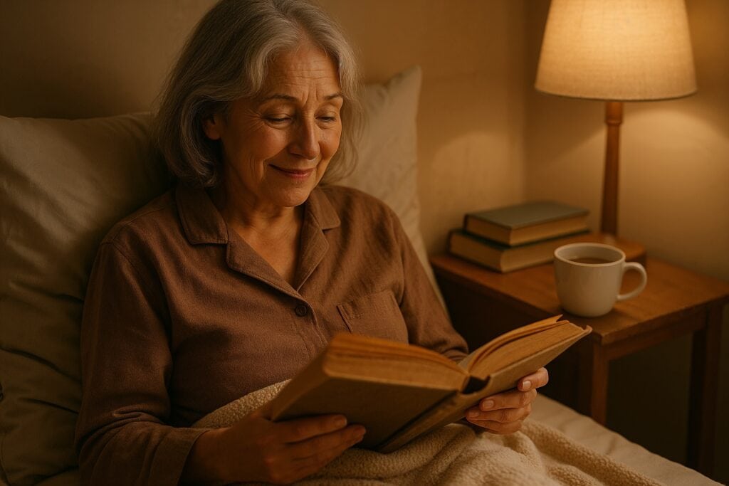 Older woman reading a book in bed with warm lighting and a cozy atmosphere