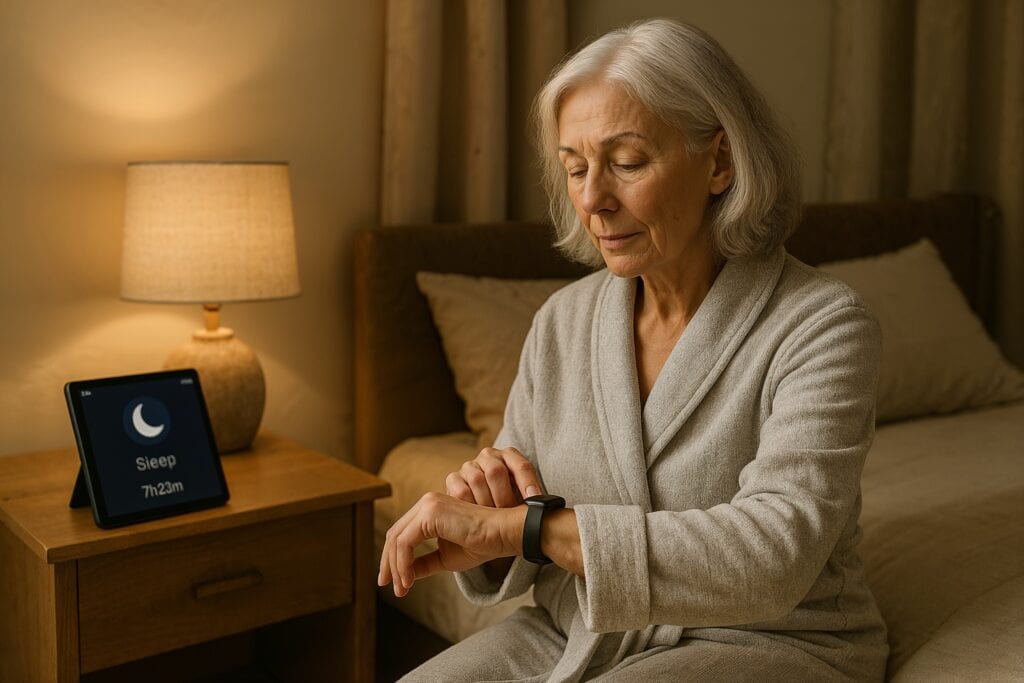 Senior couple reviewing sleep tracker data in a cozy bedroom.