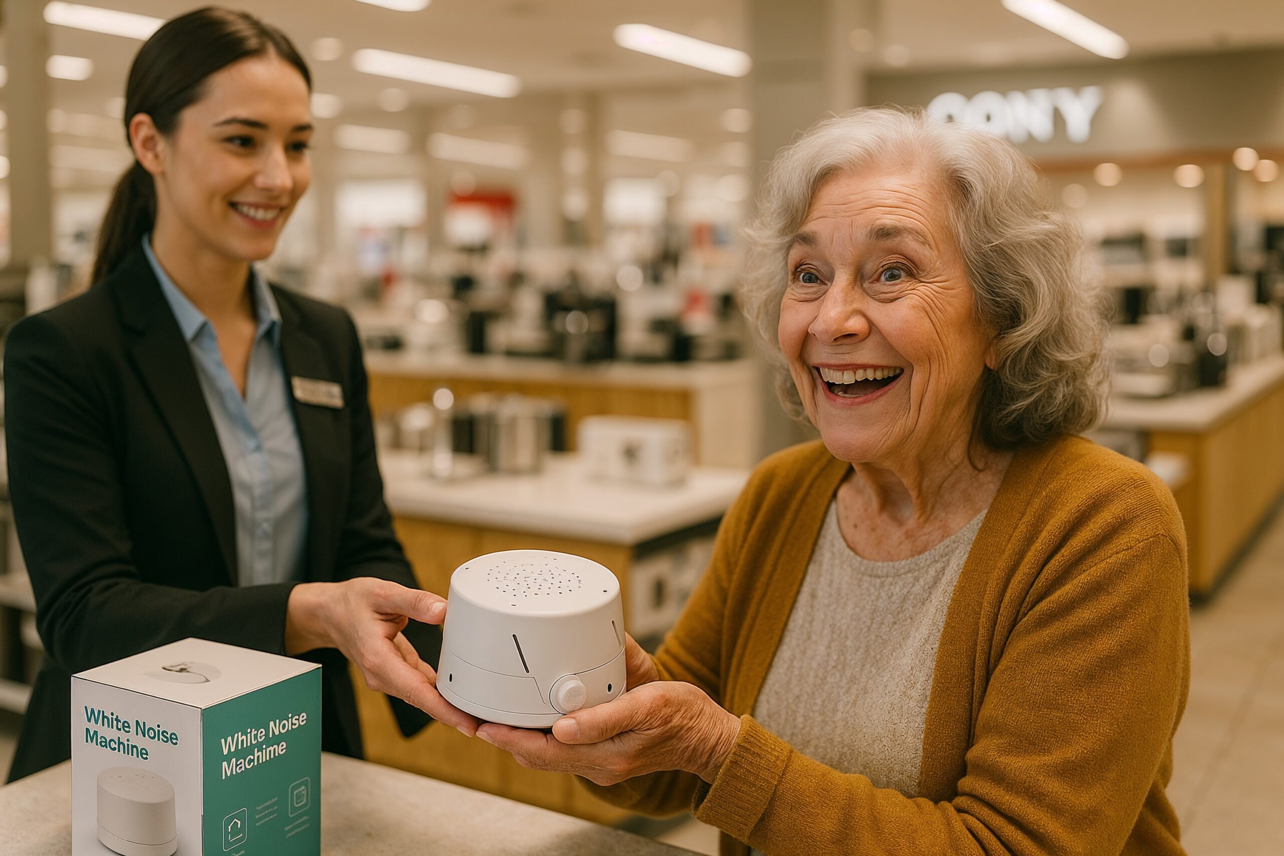 Older woman smiling while purchasing a white noise machine at a department store, assisted by a friendly sales associate