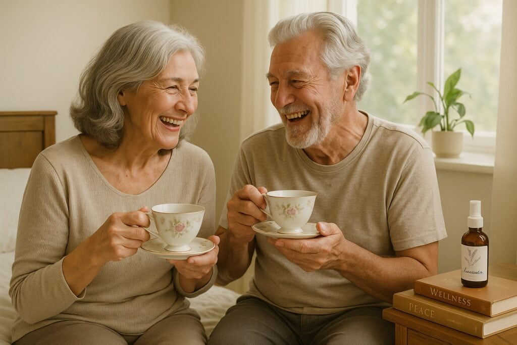 Smiling senior couple with gray hair enjoying tea together at home. A bottle labeled “Wellness” and books are on the table beside them, with a green plant in the background.