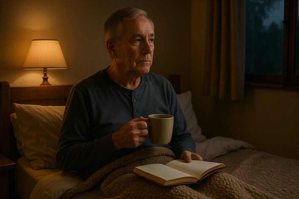 Senior man sitting up in bed in the early morning, holding a mug and looking thoughtful, with an open book on his lap.