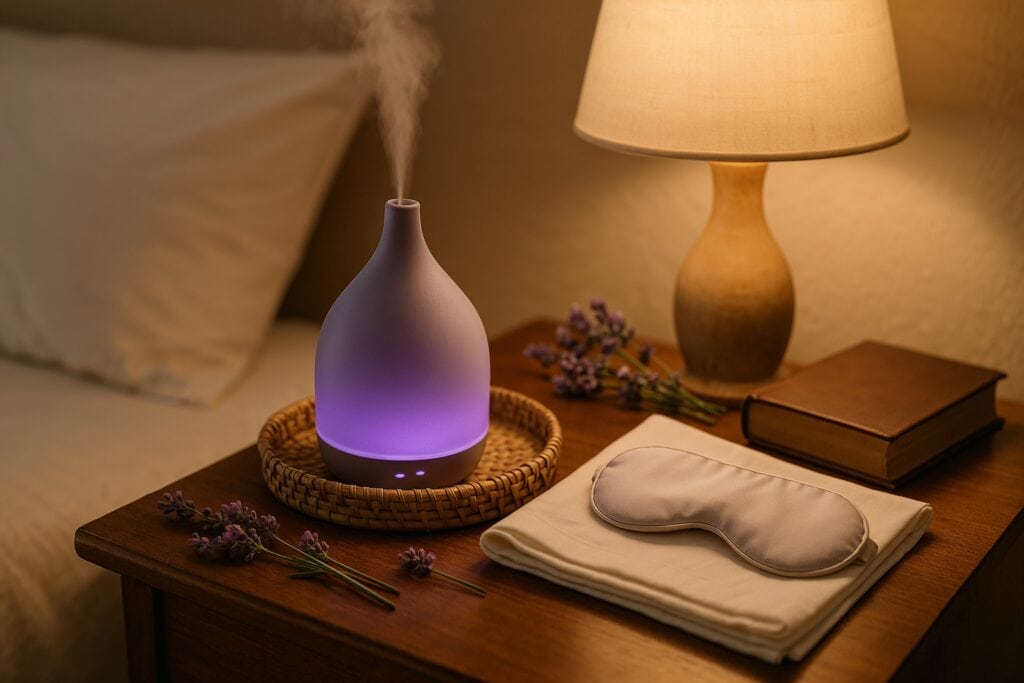 A bedside table with a glowing lavender essential oil diffuser, a folded sleep mask, a lamp, and sprigs of fresh lavender, all softly lit in a cozy bedroom setting.