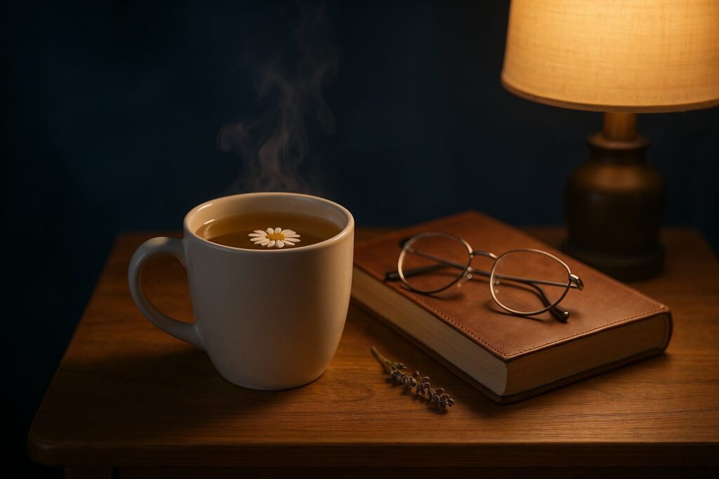 Cozy nighttime scene with herbal tea, book, and lamp for better sleep habits