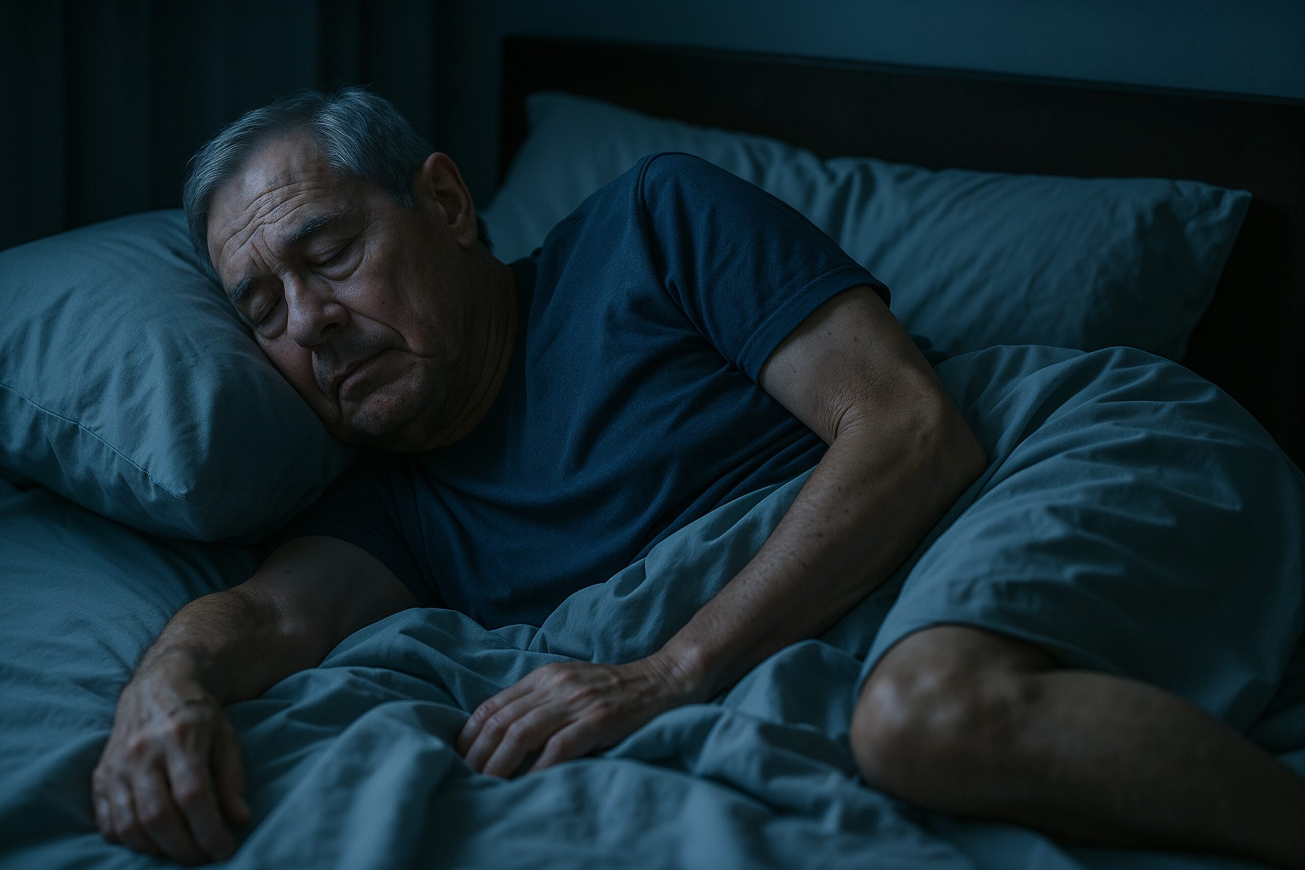 Older man sleeping on his side in a dimly lit bedroom with deep blue bedding