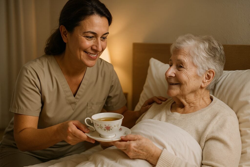 Smiling caregiver hands a senior woman a floral teacup while she relaxes in bed under a cozy blanket.