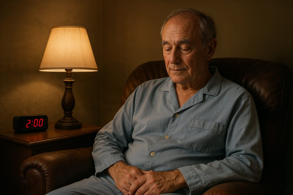 Older man sitting awake in pajamas at 2 a.m., softly lit by a bedside lamp.