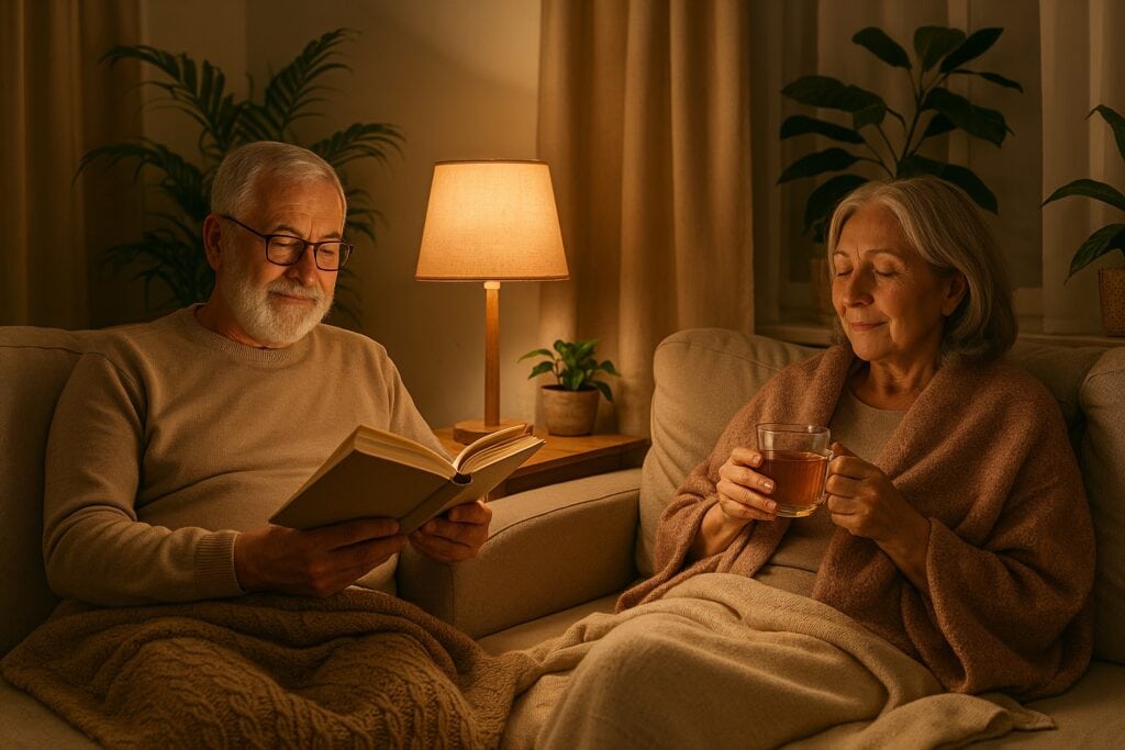 Older couple enjoying a calming bedtime routine for seniors, reading and drinking tea in a softly lit living room.