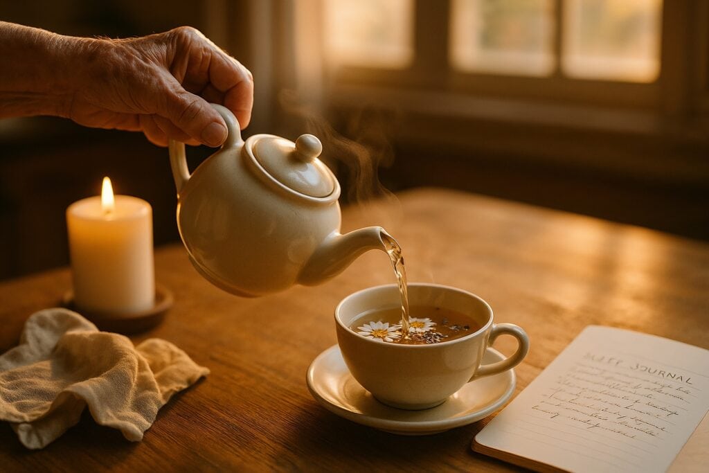 A senior’s hand pours tea from a ceramic teapot into a cup at a wooden table, with a lit candle, a napkin, and a wellness journal nearby, all warmly lit by natural sunlight.
