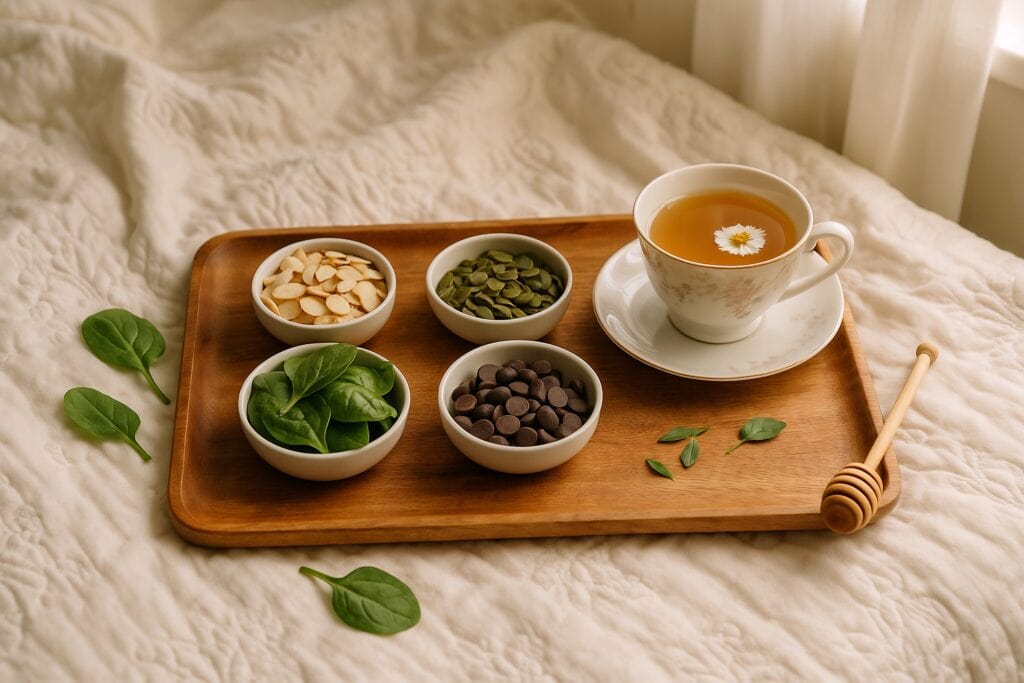 Wooden tray with magnesium-rich snacks and chamomile tea on a white bedspread. Snacks and teas can act as good natural sleep aids for seniors.