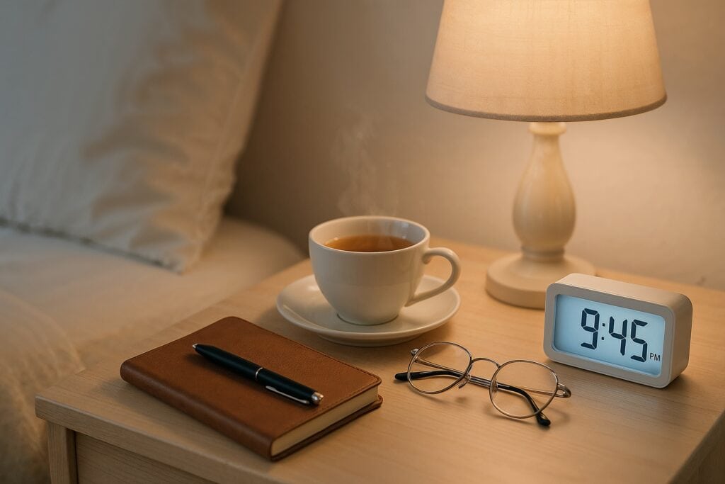 Bedside table with tea, journal, pen, reading glasses, lamp, and digital clock showing 9:45 PM.