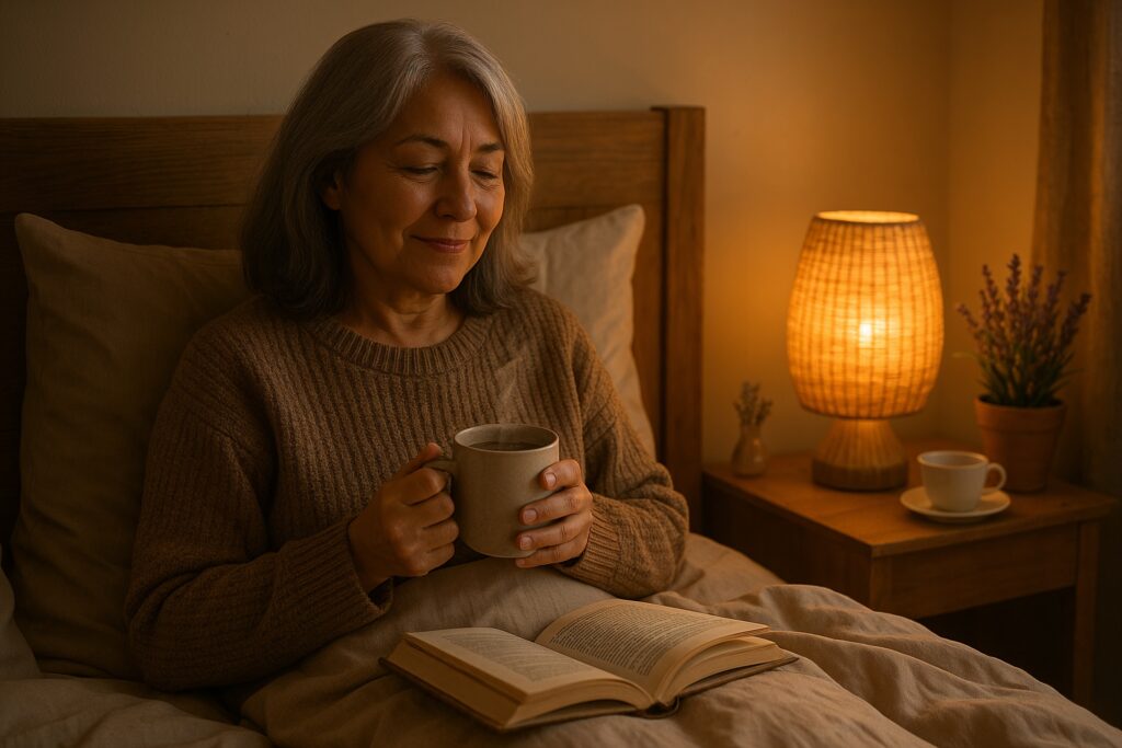 Older woman with gray hair sitting in bed, holding a mug and smiling with eyes closed, surrounded by soft lighting and calming bedroom decor.