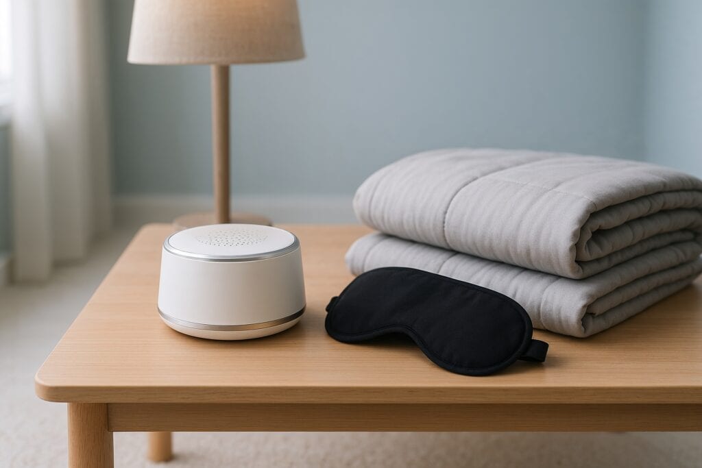 A wooden nightstand displays a white noise machine, a black sleep mask, and a neatly folded weighted blanket.