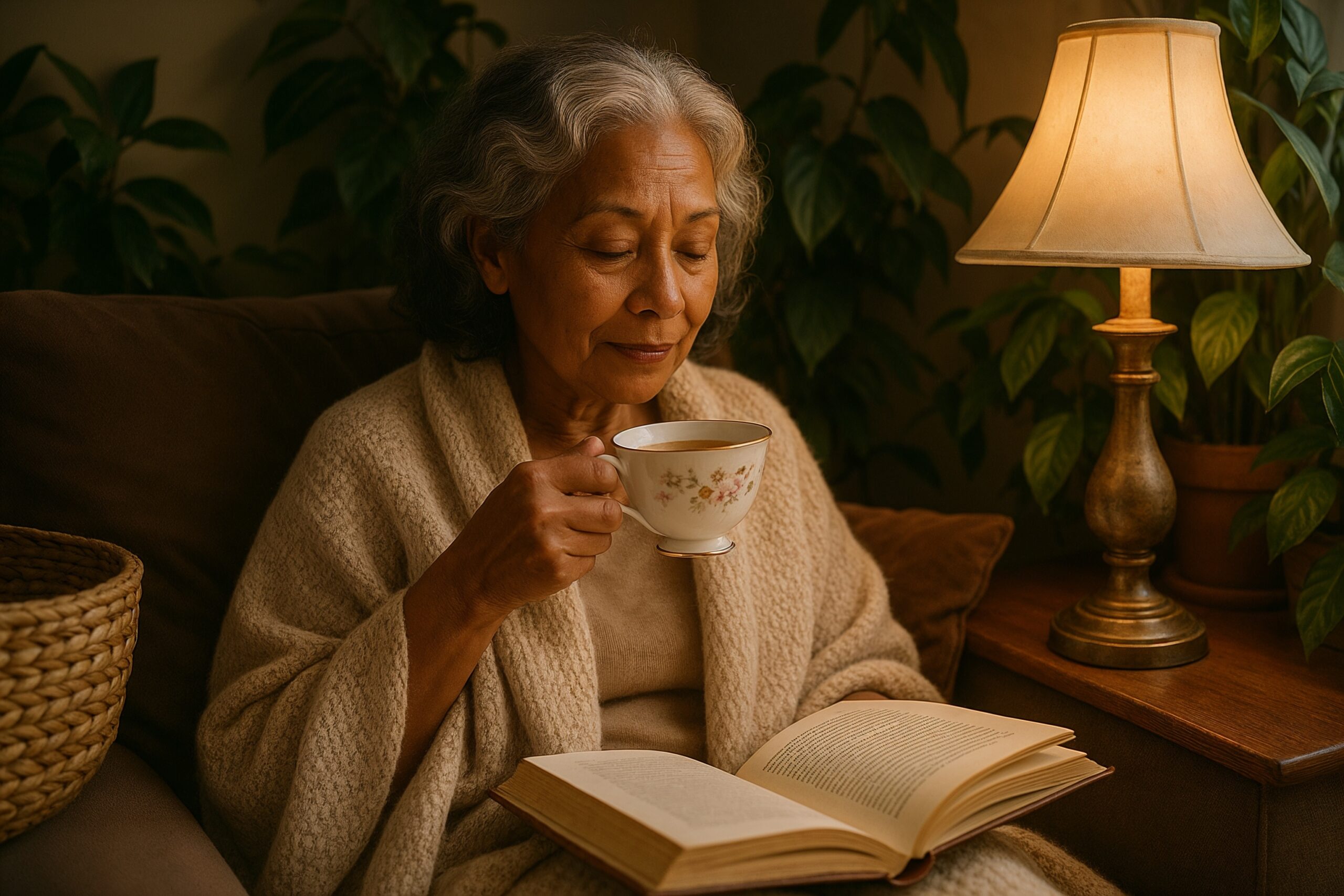 Older woman sipping herbal tea and reading a book by lamplight, illustrating calming bedtime rituals for sleep and mental health in seniors