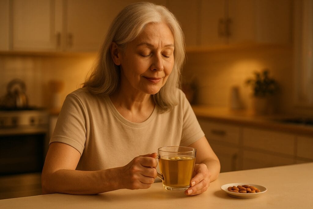 Senior woman enjoying chamomile tea with a small plate of almonds as part of a calming bedtime routine for seniors.