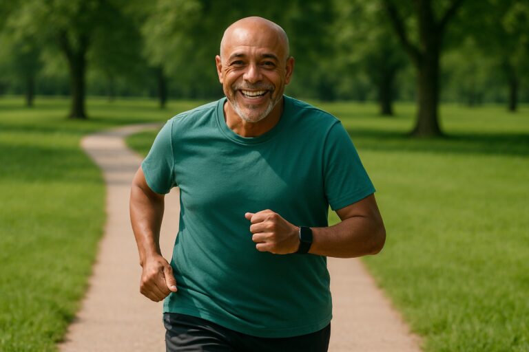 Older adult man jogging in the park on a sunny day, smiling and wearing a fitness tracker