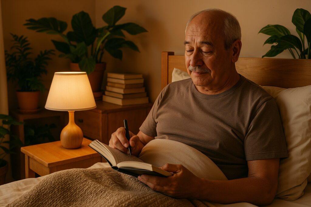 Older man writing in bed with a thoughtful expression, surrounded by books and soft lighting