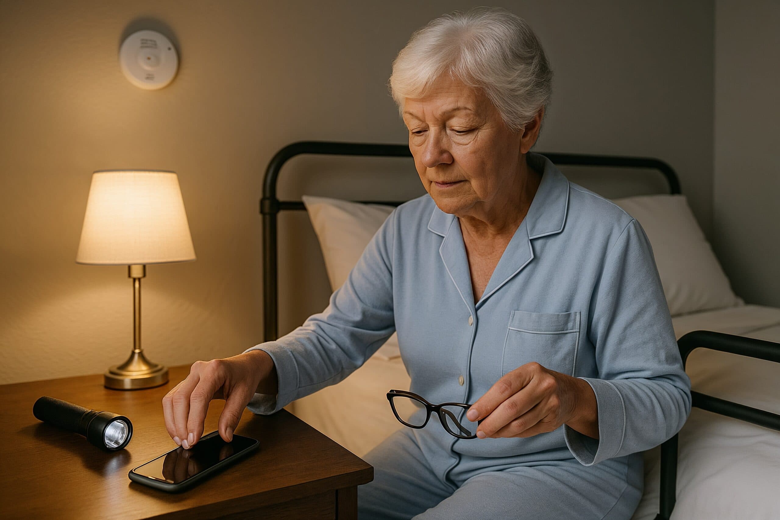 Senior woman preparing a safe sleep space with essentials at bedside