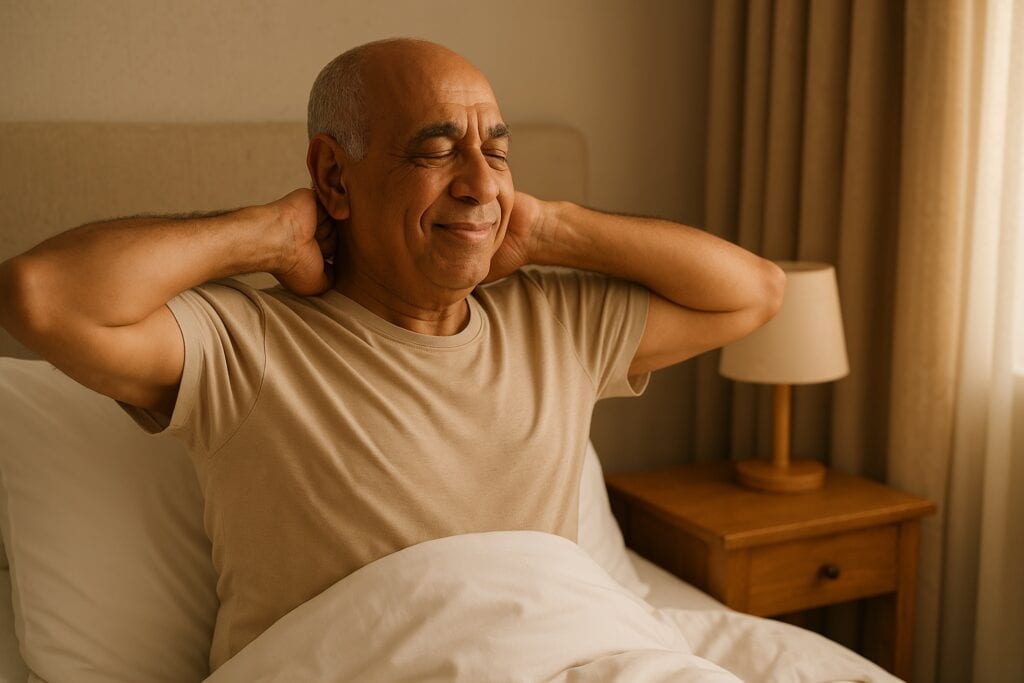Older man stretching happily in bed in the morning, looking relaxed and refreshed.