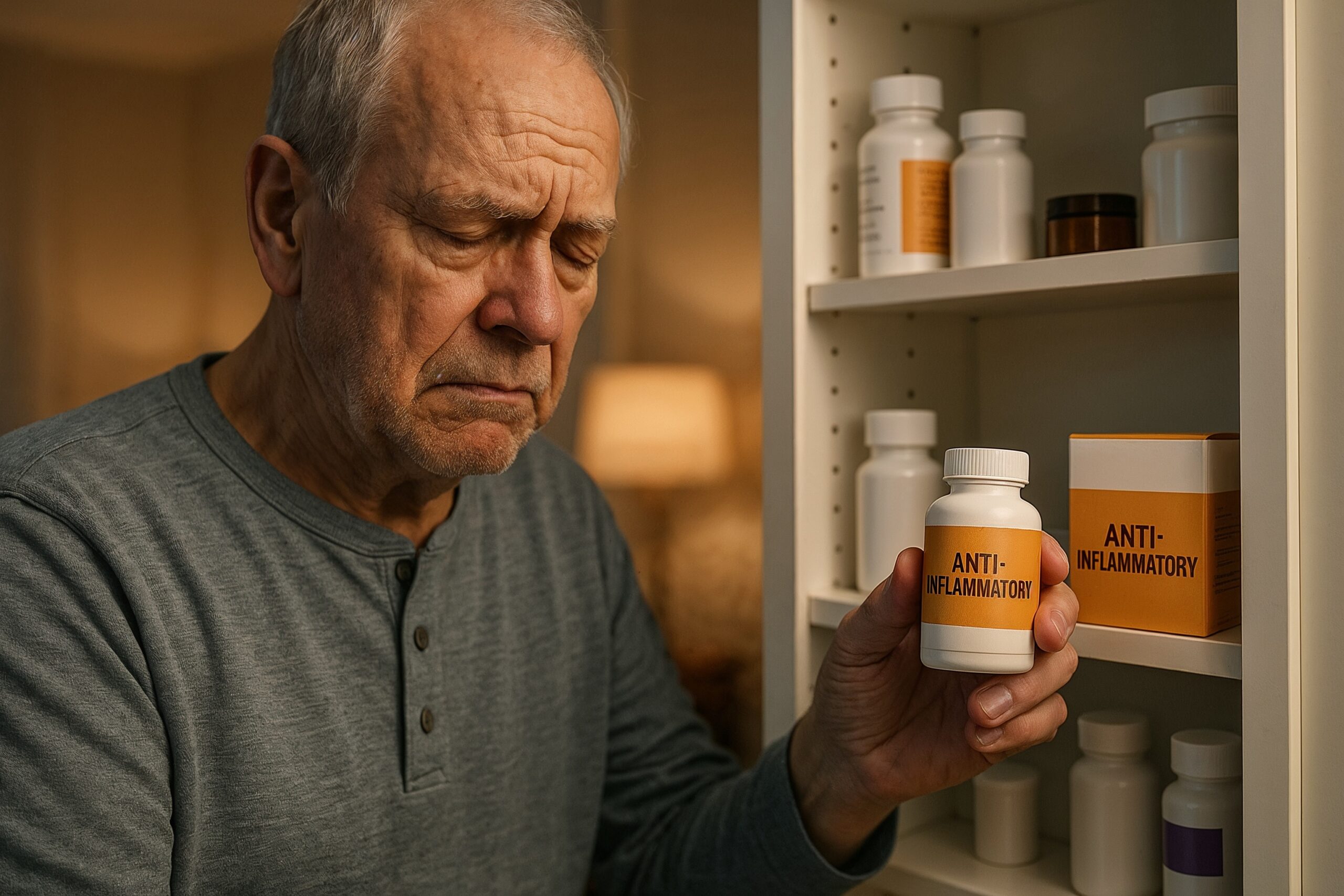 Older man experiencing joint pain while holding an anti-inflammatory supplement bottle near a medicine cabinet