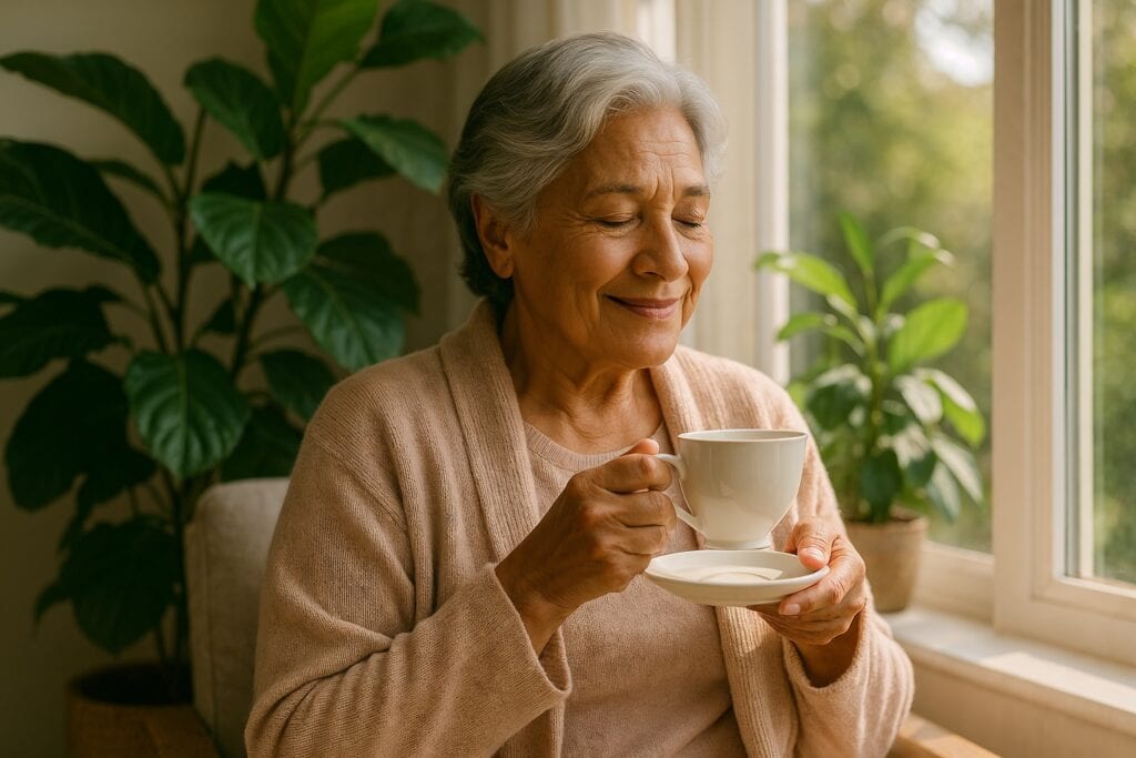 Senior woman who practices good sleep hygiene practices enjoying a warm cup of tea while sitting peacefully by a sunny window with leafy plants in the background.