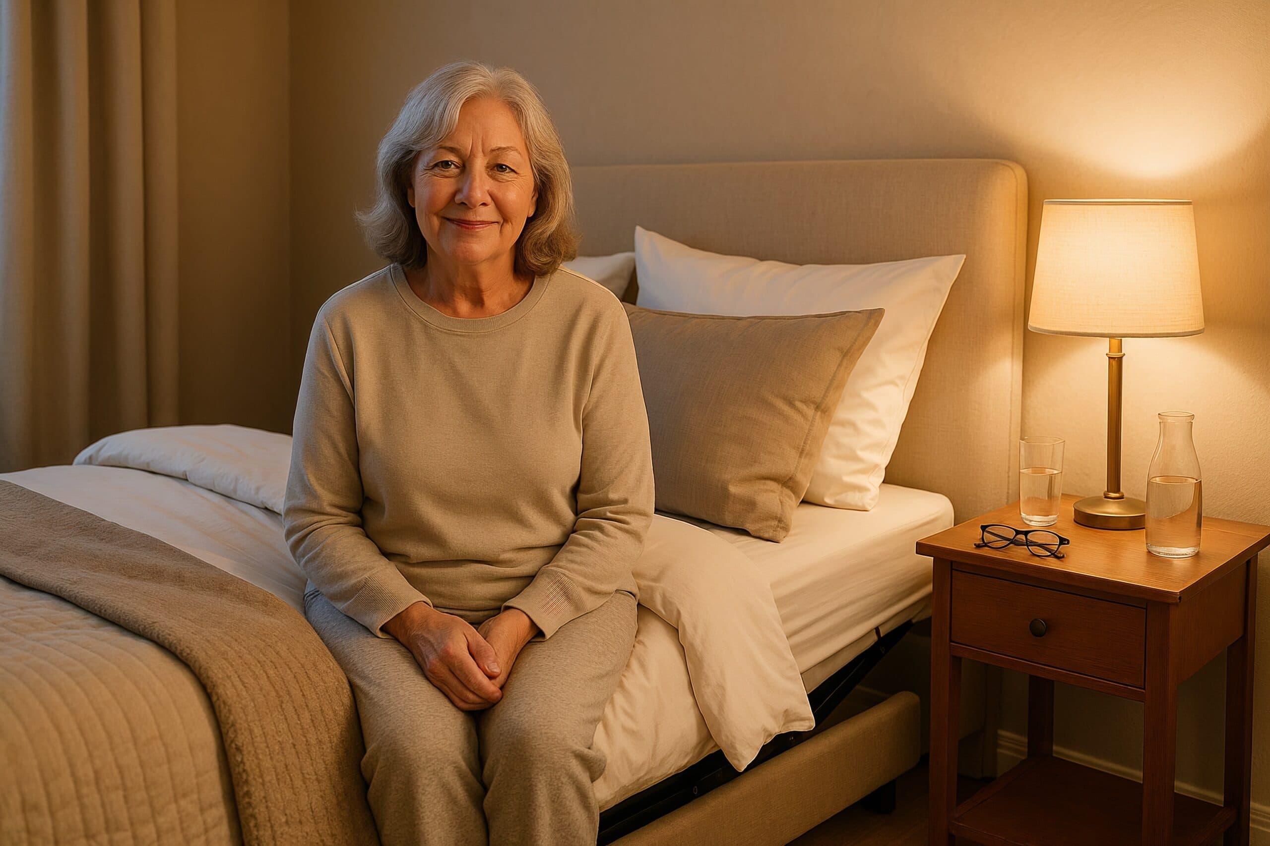 Cozy, accessible bedroom for seniors with adjustable bed and layered bedding