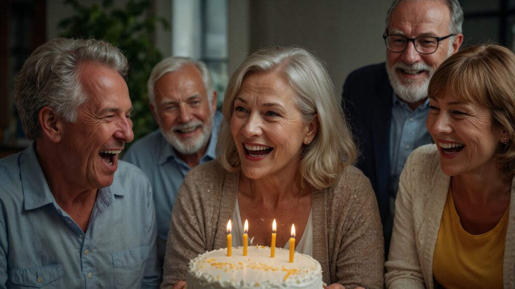 Group of older adults laughing together around a cake with lit candles