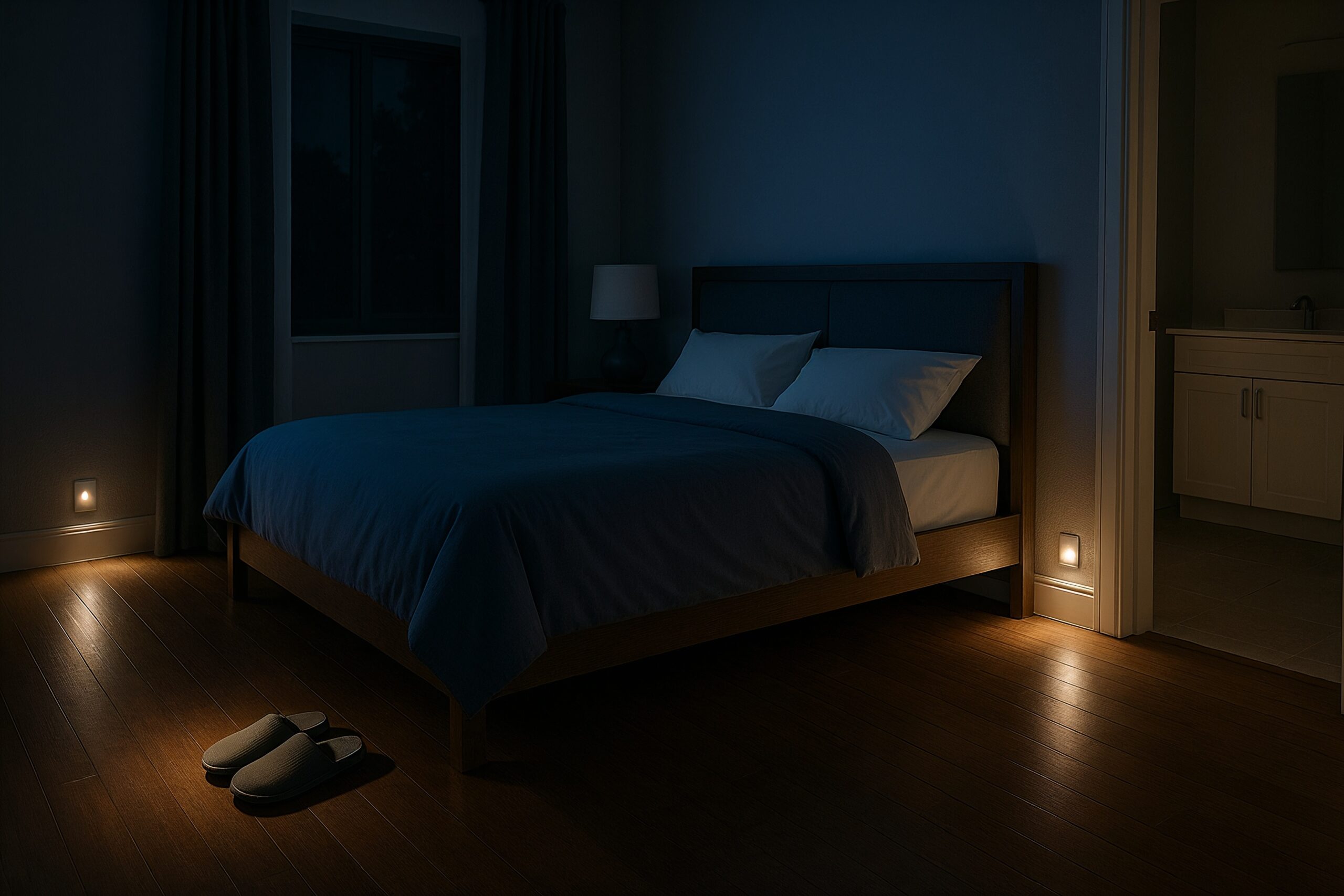 Safe bedroom with motion-activated nightlights and clear path