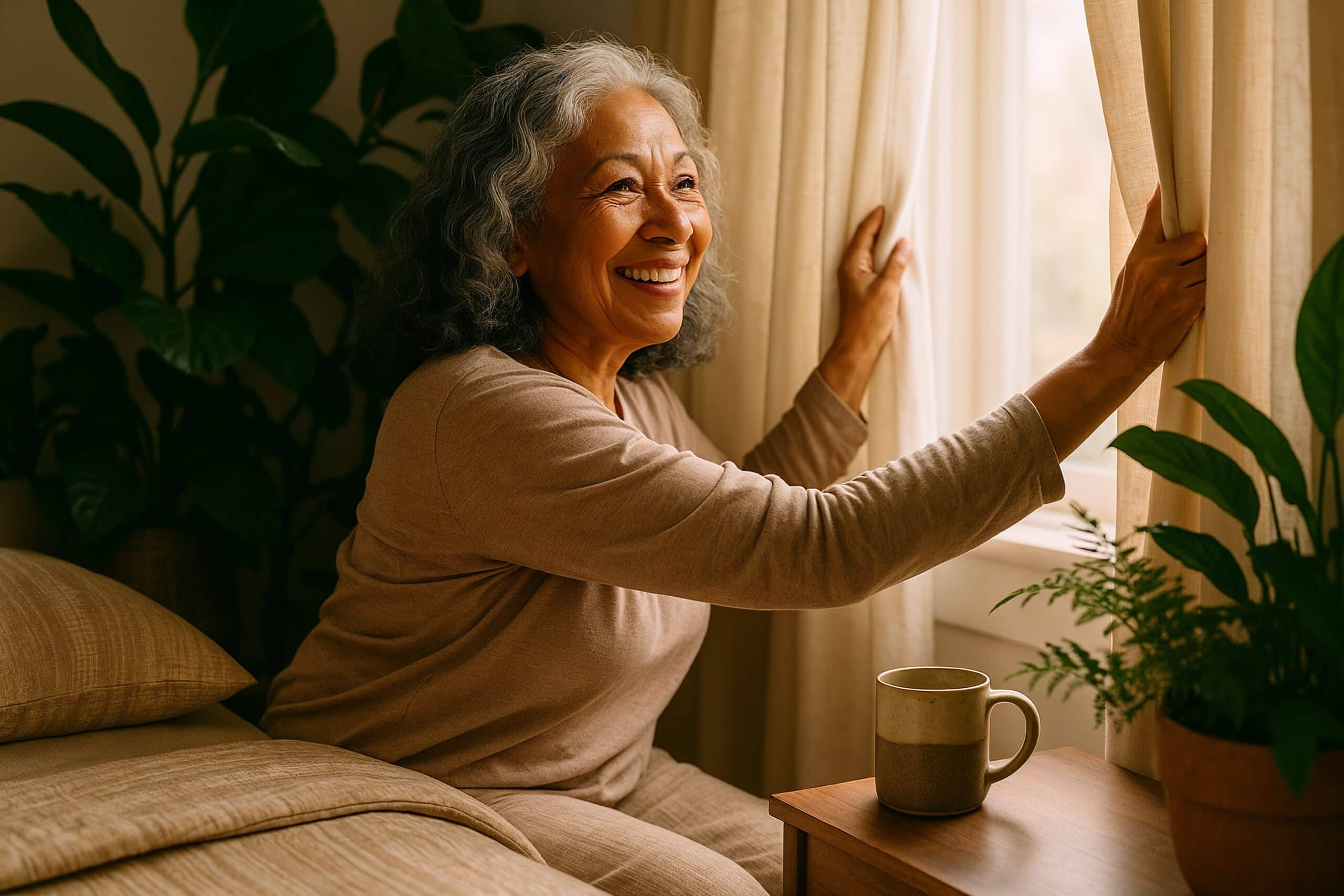 Smiling older woman opening curtains to morning sunlight, supporting healthy sleep and mental health in seniors