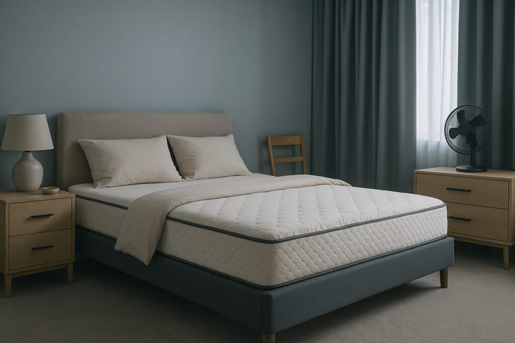 Neatly made bed with a supportive mattress and pillows in a calming bedroom setting, an essential part of good sleep hygiene for seniors.