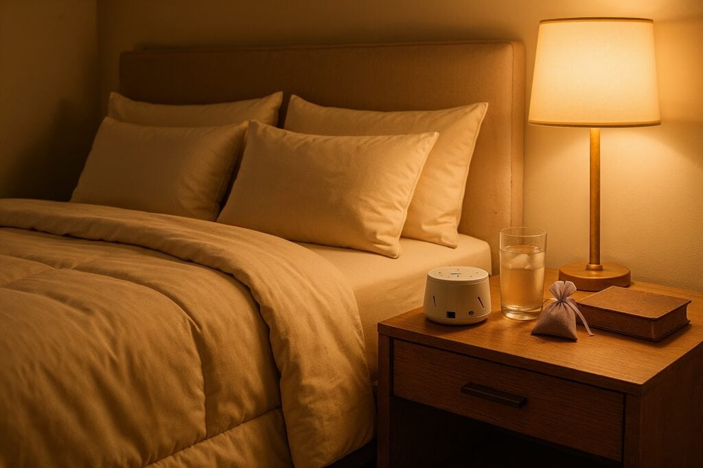 Nightstand with white noise machine, lavender sachet, and glass of water next to a neatly made bed.