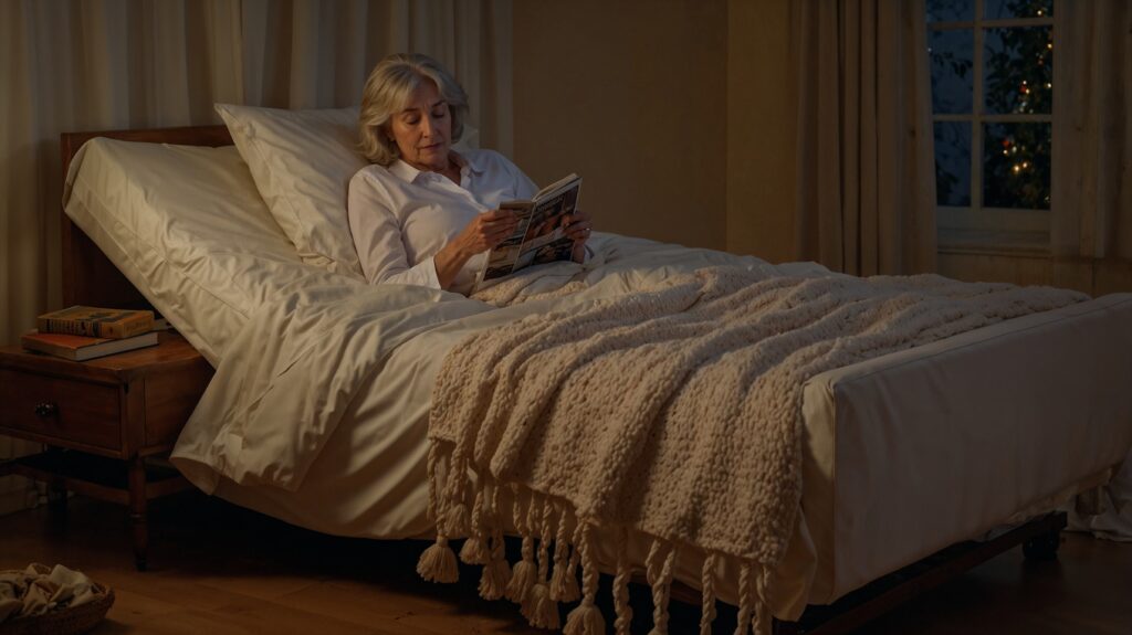 Older woman reads a magazine in an adjustable bed in a softly lit, cozy bedroom before sleep